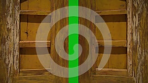 Old wooden  door opening to green screen ,chroma key