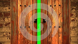 Old wooden  door opening to green screen ,chroma key