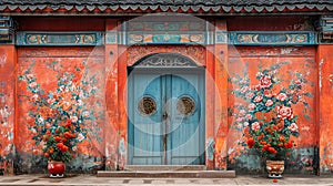 Old wooden door and red flowers on the wall of Chinese temple