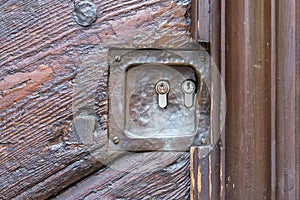 Old wooden door with two locks