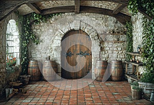 Old wooden door and wine barrels in the wine cellar Foto de archivo photo