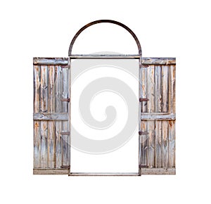 Old wooden door with wooden jamb isolated on white background
