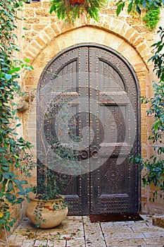 Old wooden doors rustic metal nails, Old Jaffa, Tel Aviv