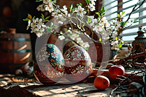 Old wooden Easter eggs painted with ink stand by the kitchen window.