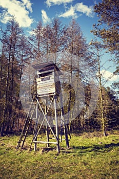 Old wooden elevated deer hunting blind