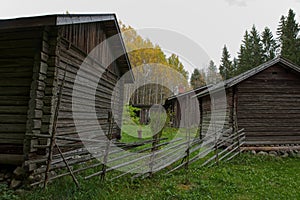 Old wooden farm buildings.