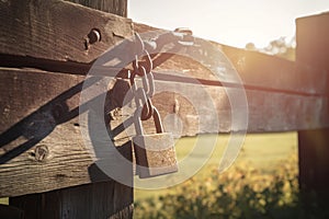 Old wooden fence with old padlock. Generate Ai