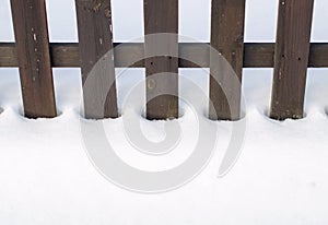 Old wooden fence surrounded by snow. Christmas and winter concept.