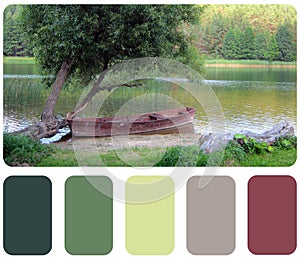 Old wooden fishing boat, colour palette with color swatch