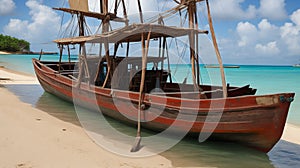 Old wooden fishing boat with paddles on a beach...