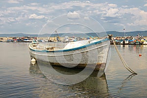 Old wooden fishing boat in port of nessebar, ancient city on the Black Sea coast of Bulgaria