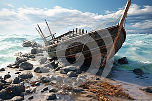 Old wooden fishing boat on the seashore. 3d render, Wreck of a fishing boat in the sea. 3d render, AI Generated