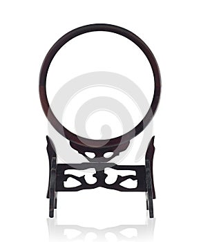 Old Wooden frame circle mirror to lay a table isolated on white