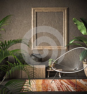 Old wooden frame mock-up in ethnic interior