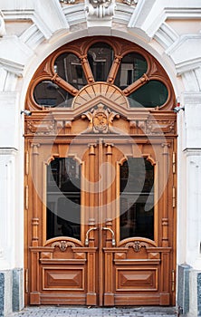 Old wooden Front Door of a Traditional European Town House