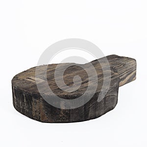 Old wooden frying pan shaped round cutting board with handle isolated on white background,