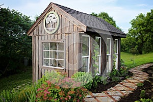 Old Wooden Garden Shed and Stone Foot Path in a Cottage Garden in the Country