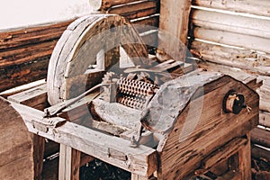 Old wooden grain thresher, authentic agricultural devices