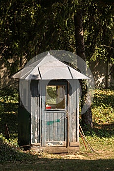 Old wooden guardhouse in the park for guards