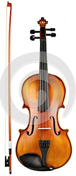 Old wooden high quality retro wooden brown violin with bow music string instrument isolated white background. classical music