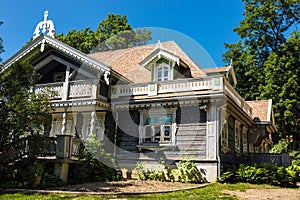 Old wooden, historic hunters manor house. Bialowieza Palace Park