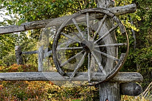 Old wooden horse cart wheel