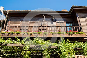 Old wooden house with a lot of green plants located in the city of Sozopol, Bulgaria