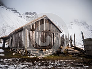 Old wooden house in majestic viking village in Iceland