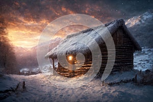 an old wooden house in the mountains in winter, snow covered trees and a cloudy sky at a beautiful sunset, a blizzard