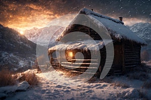 an old wooden house in the mountains in winter, snow covered trees and a cloudy sky at a beautiful sunset, a blizzard