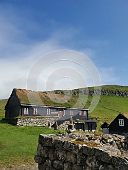 Old wooden house on the Mykines Island, Faroe Islands