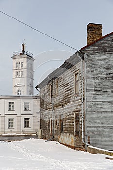 Old wooden house in Riga, Latvia in winter