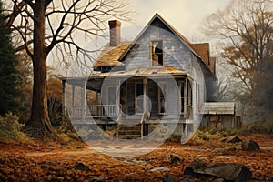 An old, wooden house stands abandoned in a dense forest, shrouded in fog. Ideal for themes of mystery, horror, or