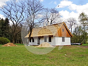 Old wooden house with straw roof