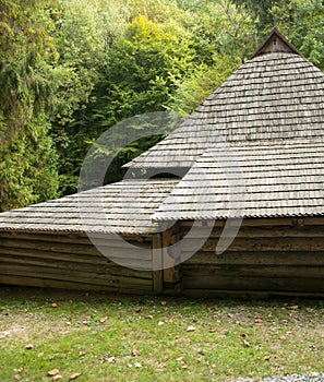 Old wooden house with wooden roof in the forest, background