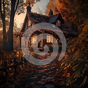 an old wooden house in the woods with autumn leaves on the ground