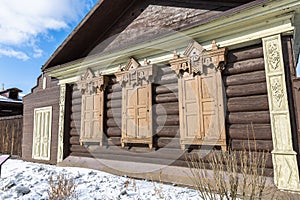 Old wooden houses with carvings of Ulan-Ude