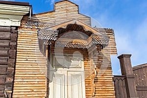 Old wooden houses with carvings of Ulan-Ude