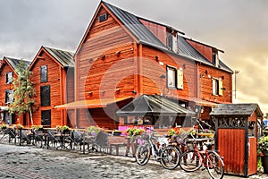 Old wooden houses in the old center around the harbor of Oulu.