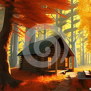 Old wooden hut in autumn forest. In bright orange colors autumn. To protect