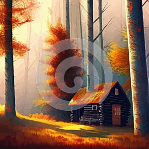 Old wooden hut in autumn forest. In bright orange colors autumn. To protect