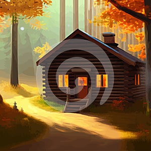 Old wooden hut in autumn forest. In bright orange colors autumn. To protect