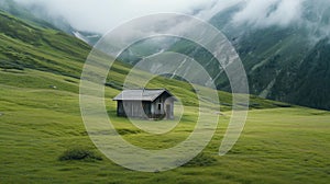 old wooden hut cabin in mountain alps at rural fall landscape