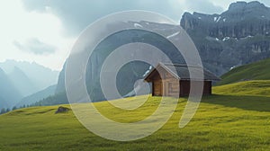 old wooden hut cabin in mountain alps at rural fall landscape