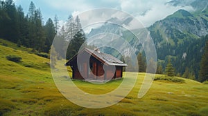 old wooden hut cabin in mountain alps at rural fall landscape