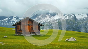 old wooden hut cabin in mountain alps at rural fall landscape