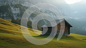 old wooden hut cabin in mountain alps at rural fall landscape