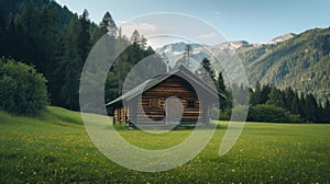 old wooden hut cabin in mountain alps at rural fall landscape