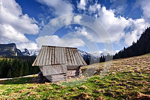 Old wooden hut in spring High Tatras