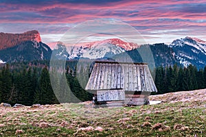 Old wooden hut in spring High Tatras